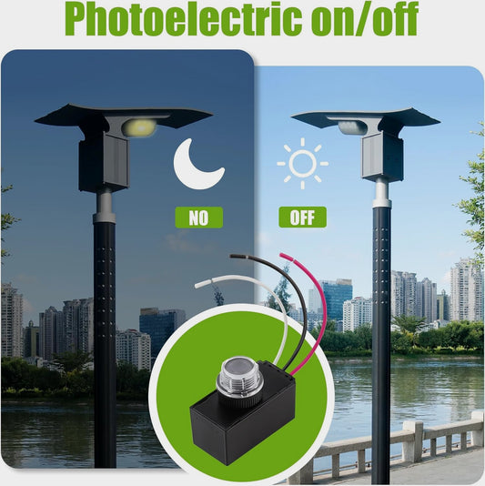 Solar street light with photoelectric on/off control system in an urban setting.
