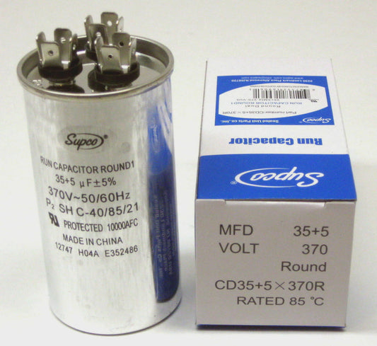 Run capacitor with Supco branding next to its packaging on a white background
